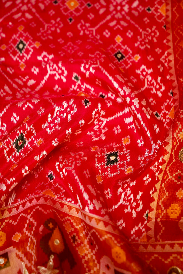 Pink Patola Silk Bridal Wear Aari Mirror Work Saree View 4