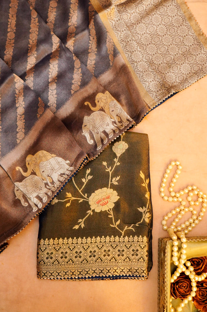 Dark Grey Banarasi Tissue Silk Saree with Meenakari Jangla Top and Elephant Motif Dupatta