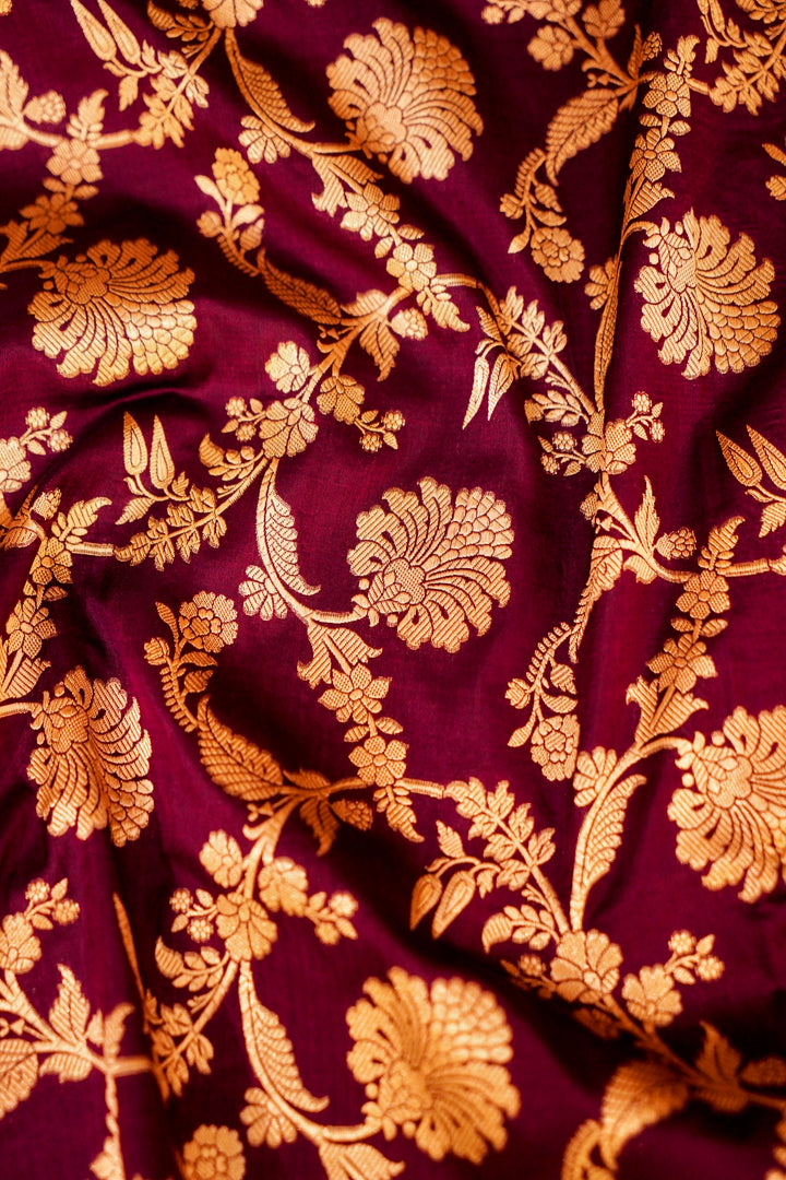 Wine Handwoven Banarasi Pure Katan Silk Upadda Jaal Saree with Jangla Zari Design