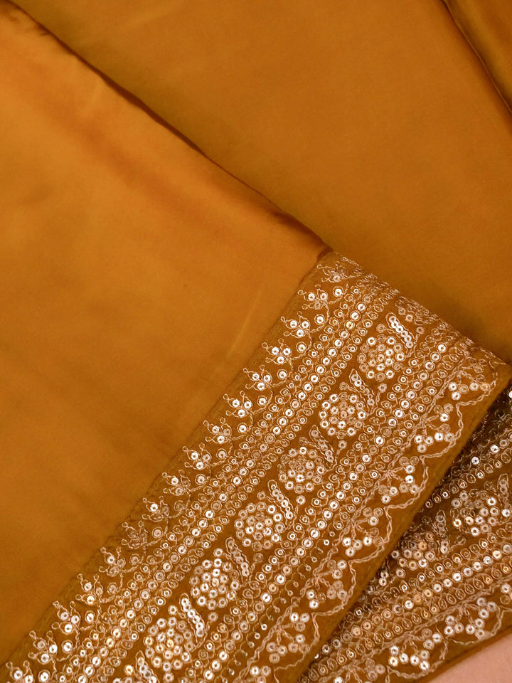 Mustard Pure Crepe Silk Saree with Sabyasachi Inspired Border Heavy Embroidered Silk Blouse View 4