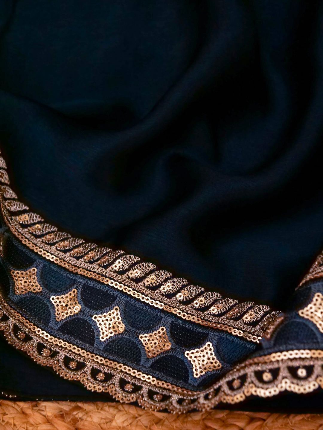 Teal Blue Sabyasachi Inspired Textured Pure Crepe Saree with Designer Border Heavy Embroidered Silk Blouse View 3