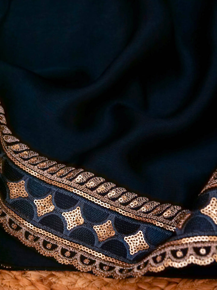 Teal Blue Sabyasachi Inspired Textured Pure Crepe Saree with Designer Border Heavy Embroidered Silk Blouse View 3