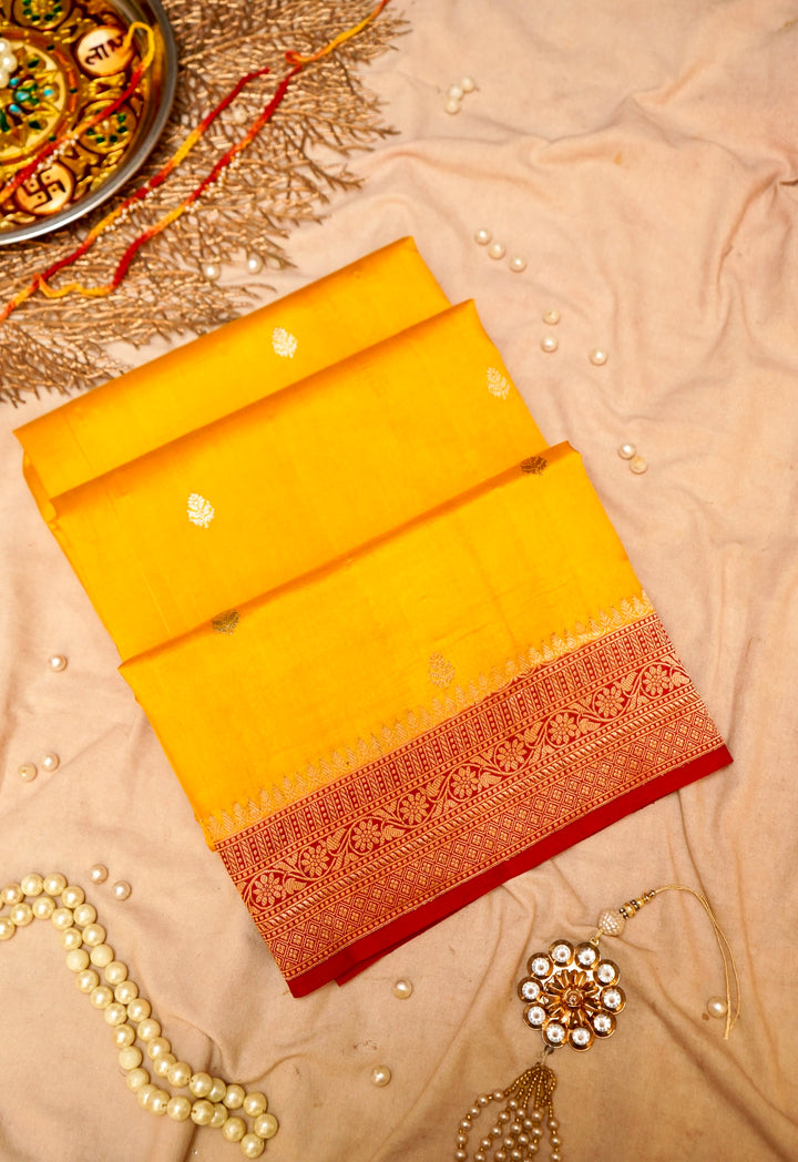 Sonaroopa Yellow Banarasi Pure Katan Silk Butidar Saree with Contrast Border and Pallu View 1