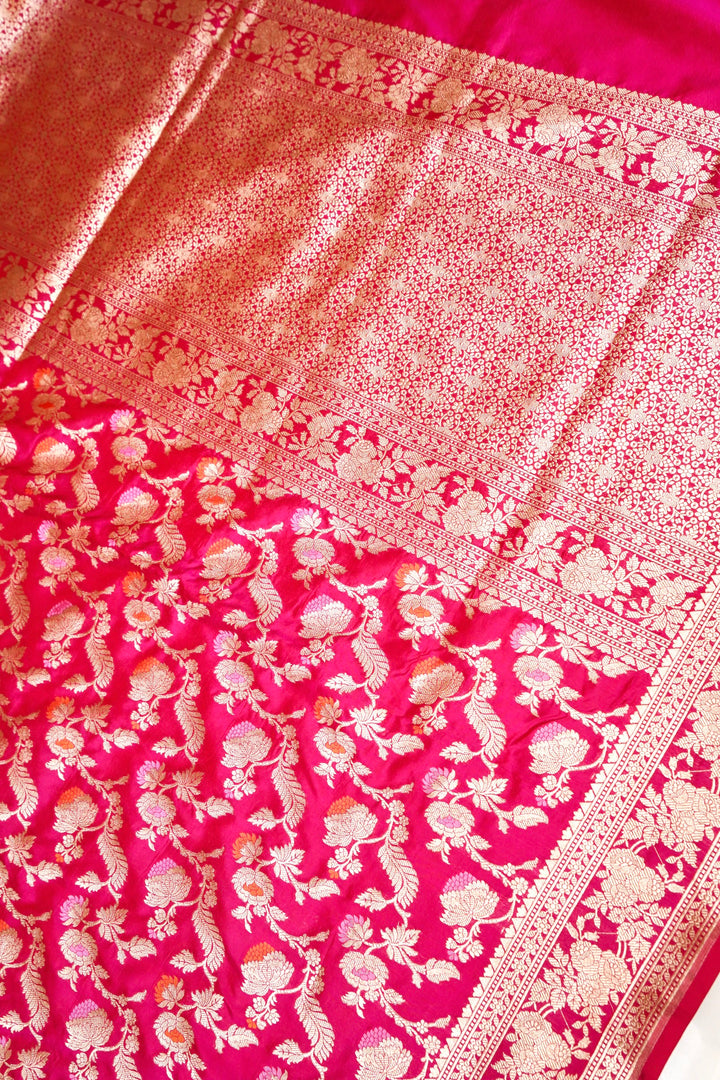 Pink Handloom Pure Katan Silk Meenakari Jangla Saree with Heavy Border & Pallu