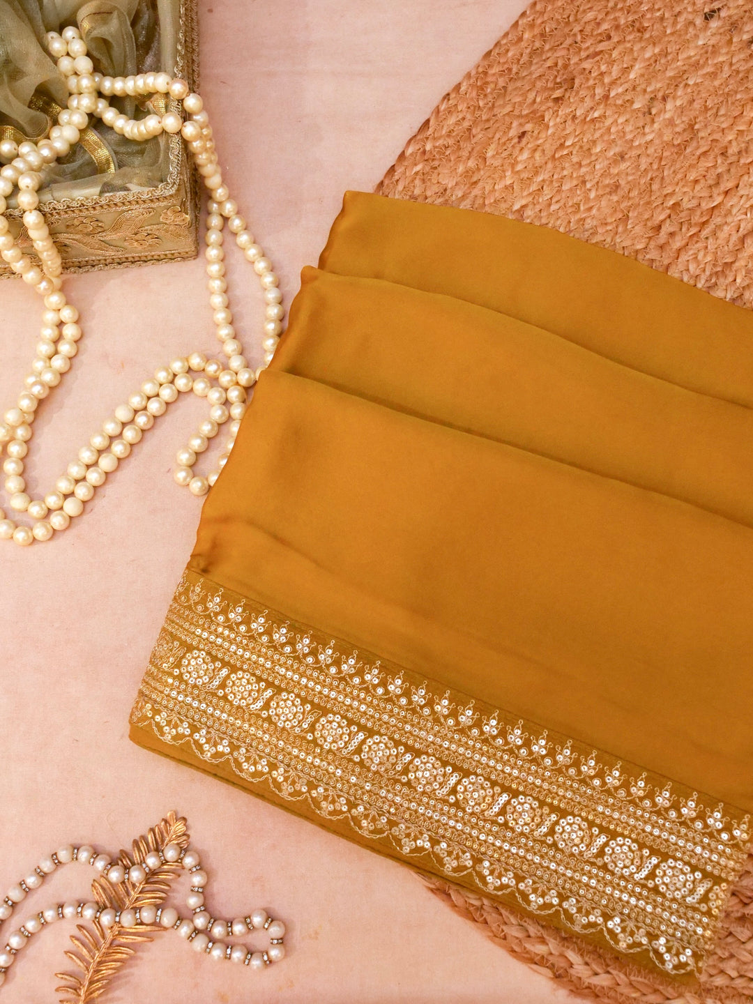 Mustard Pure Crepe Silk Saree with Sabyasachi Inspired Border Heavy Embroidered Silk Blouse View 1