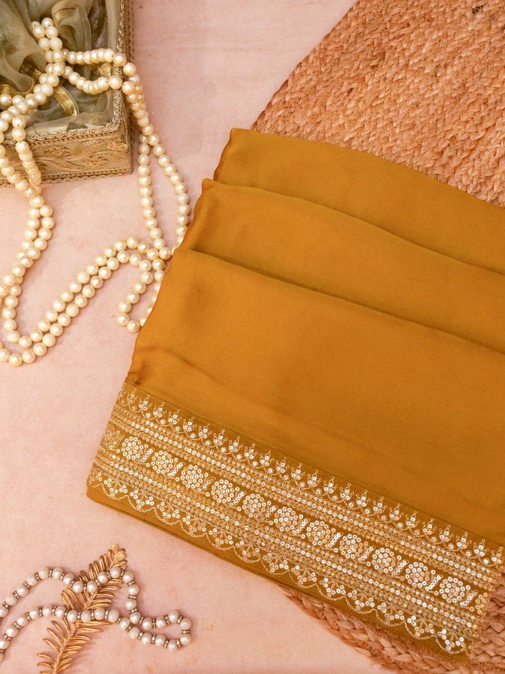 Mustard Pure Crepe Silk Saree with Sabyasachi Inspired Border Heavy Embroidered Silk Blouse View 1