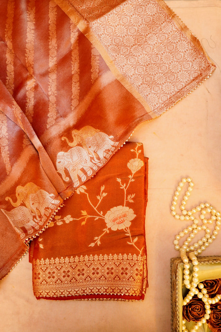 Coffee Brown Banarasi Tissue Silk Saree with Meenakari Jangla Top and Elephant Motif Dupatta