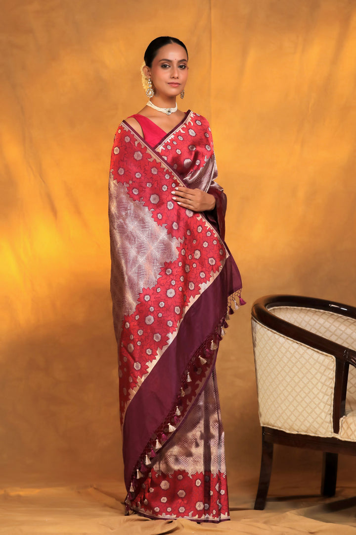 banarasi handloom wine pure brocade katan silk saree with tanchoi border and pallu side view 2