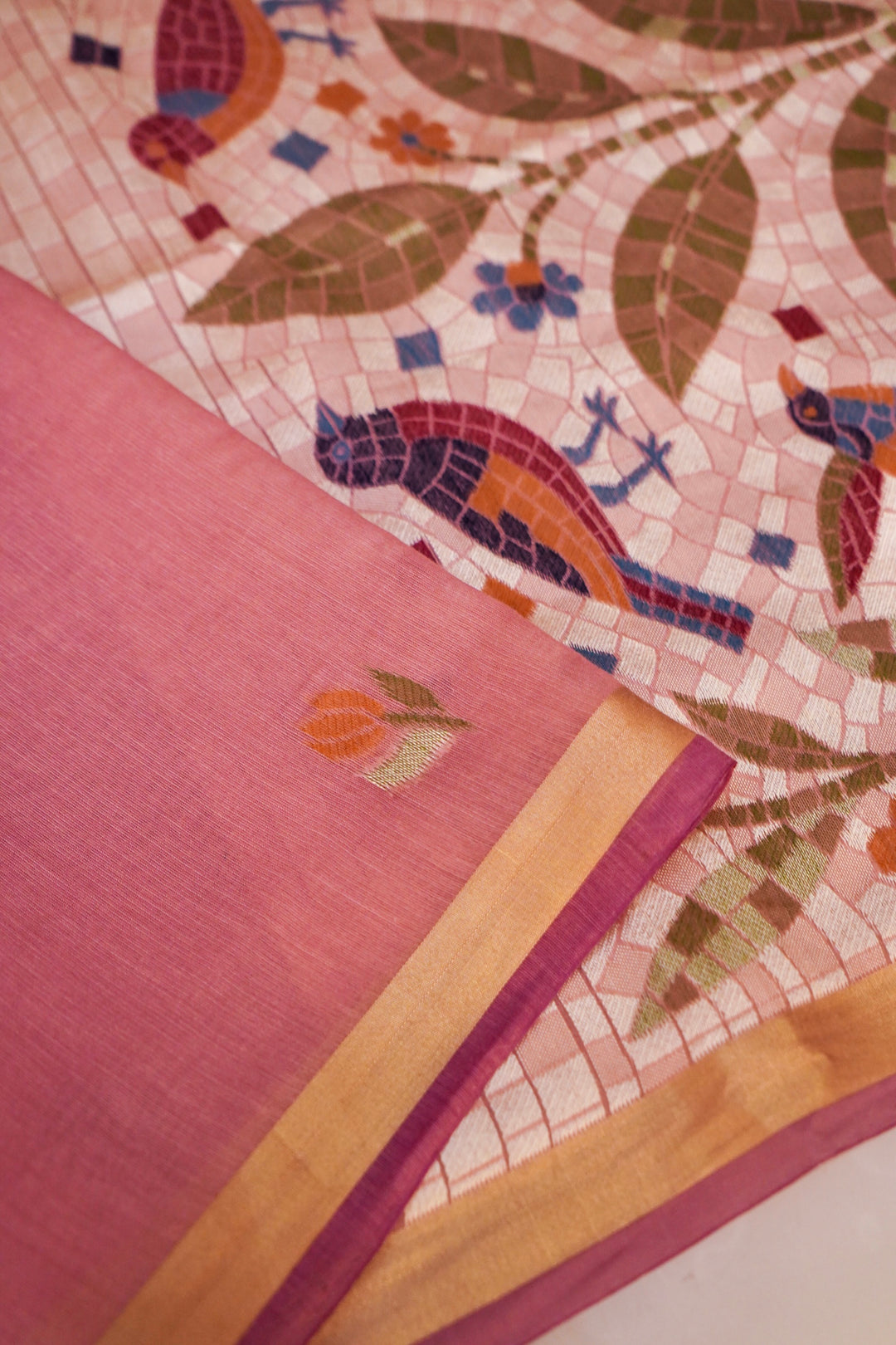 Pink Banarasi Cotton Silk Saree with Tilfi Meenakari Bird Motif Pallu