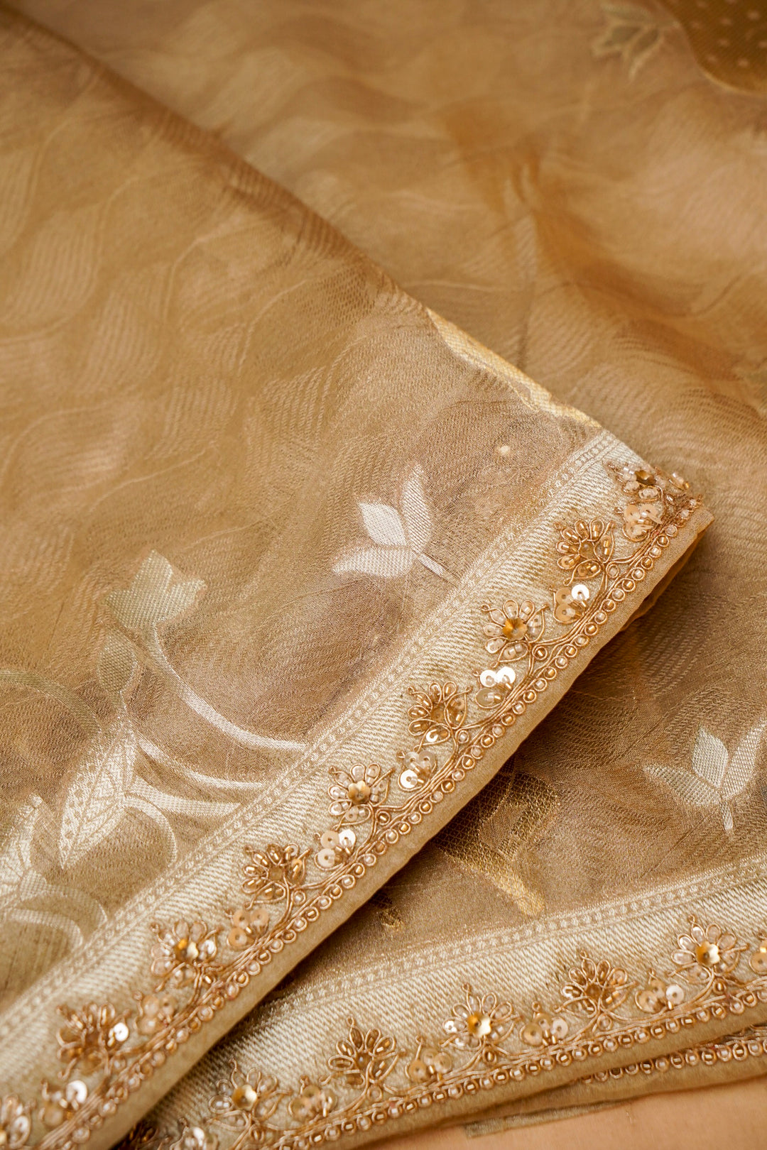 Chiku Brown Tissue Silk Pichwai Inspired Sona Rupa Zari Weave Saree View 4