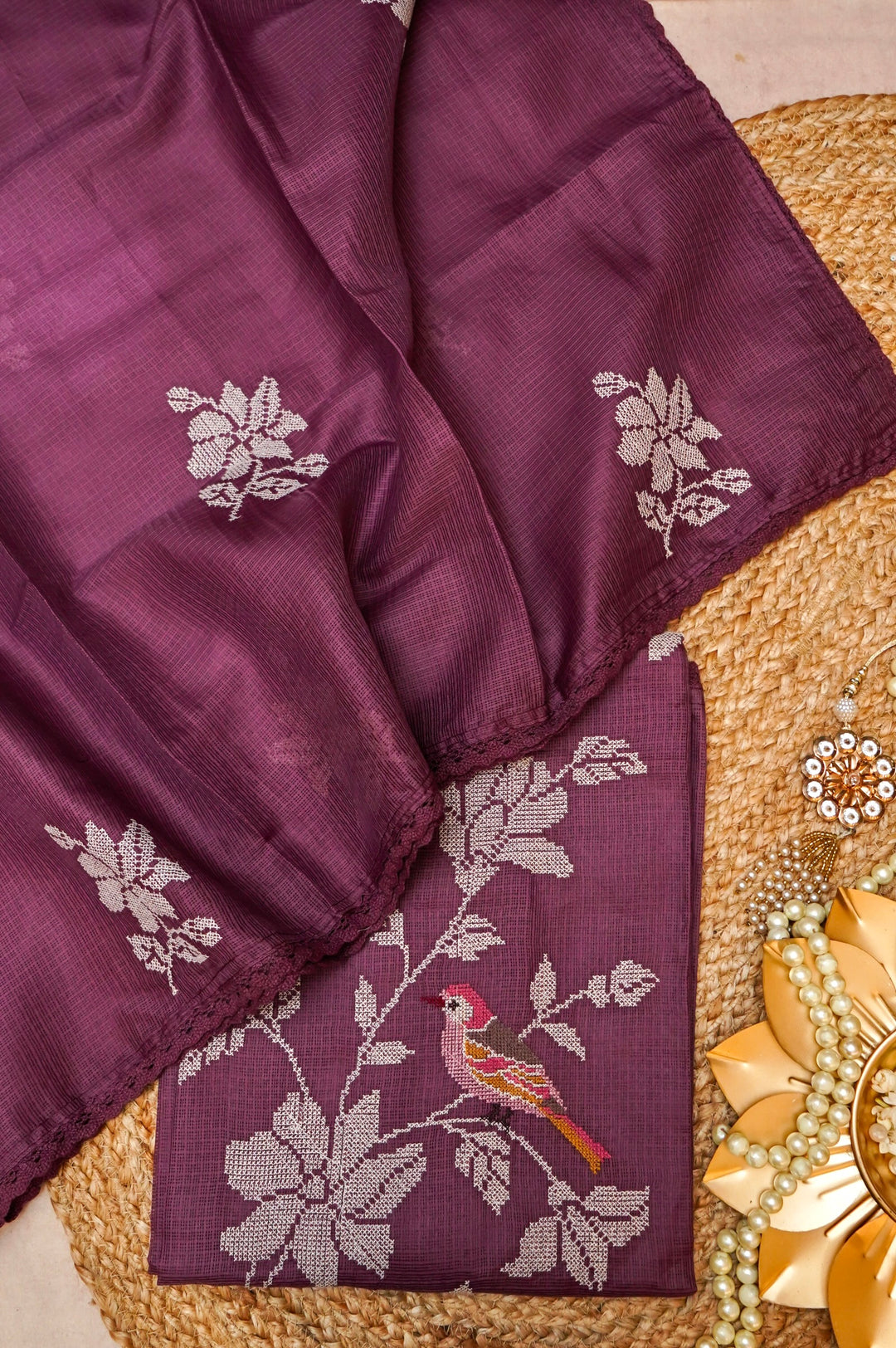 Onion Pink Pure Kota Suit Set with Cross Stitch Embroidery View 1