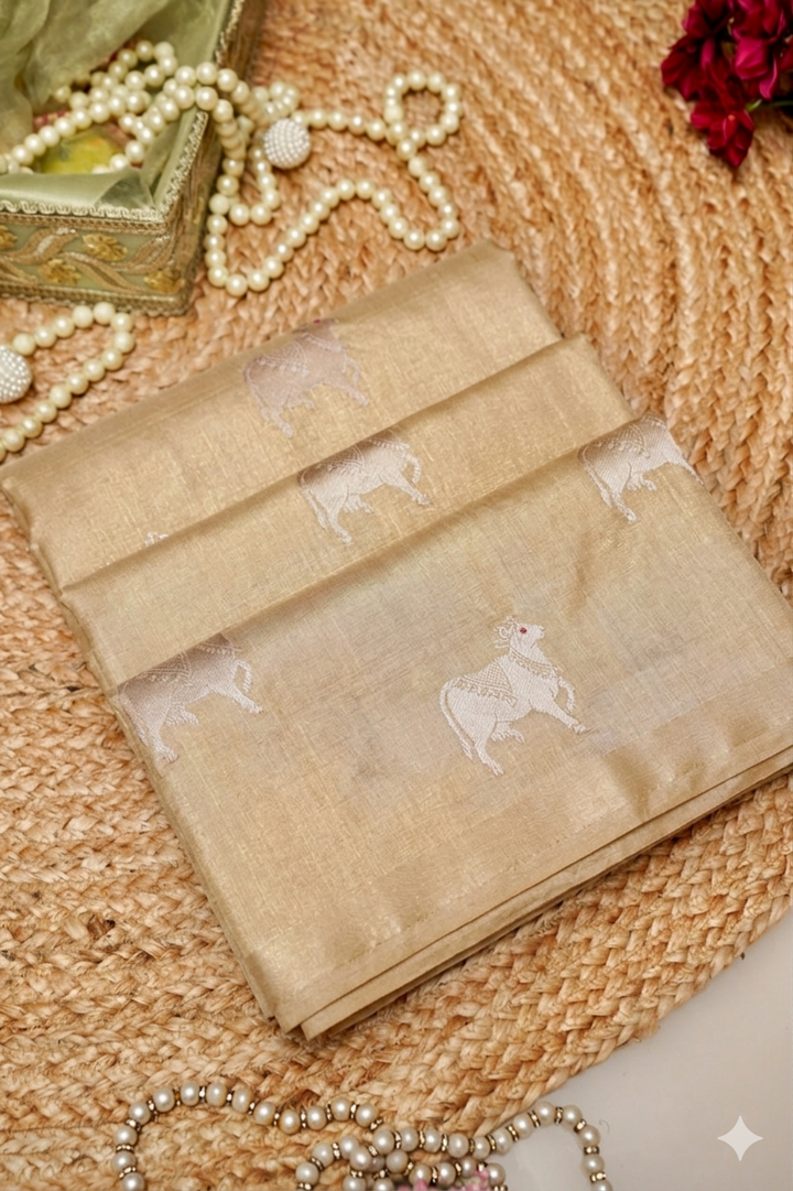 Beige Gold Handwoven Banarasi Pure Puna Silk Saree with Zari Nandi Motif