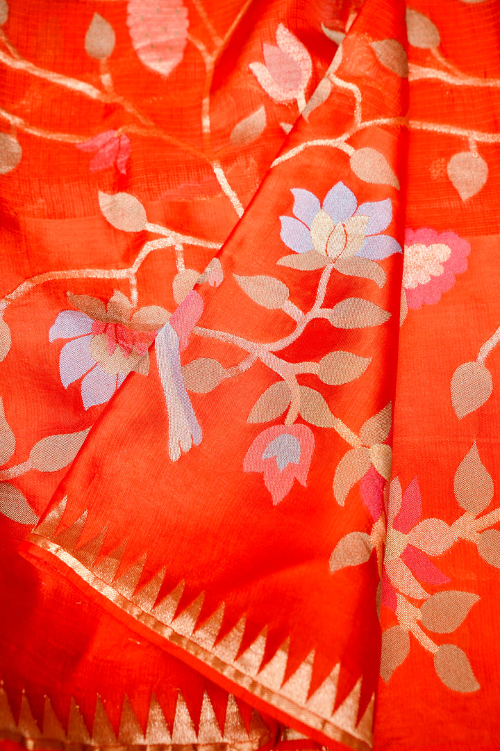Bridal Wear Orange Pure Banarasi Kota Silk Saree with Silk Weaving Border