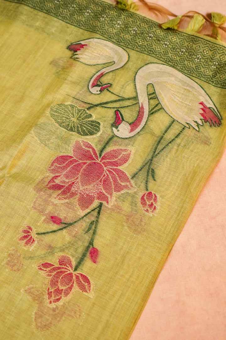 Pale Olive Green Cotton Silk Suit Set with Resham Embroidery