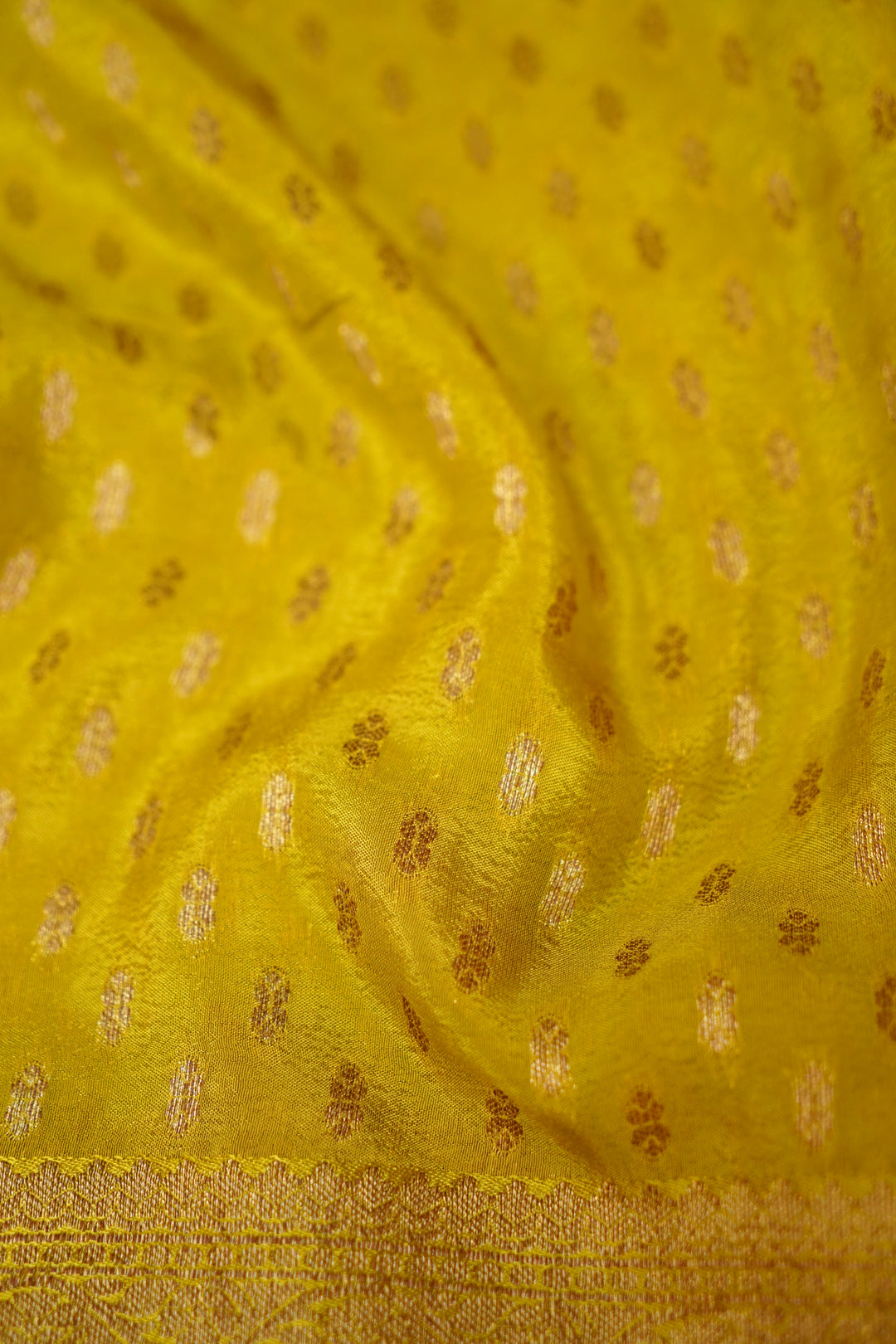 Radiant Mustard Yellow Banarasi Chinon Georgette Saree with Antique Zari Figure Motifs