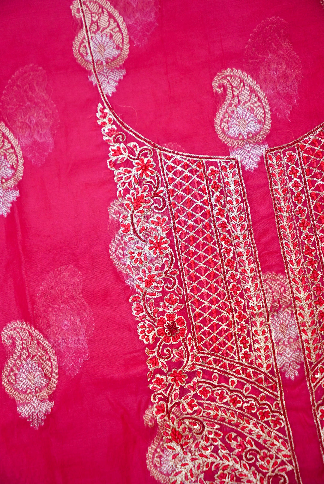 Pink Bridal Handloom Raw Silk Suit with Pitta Zari Embroidery