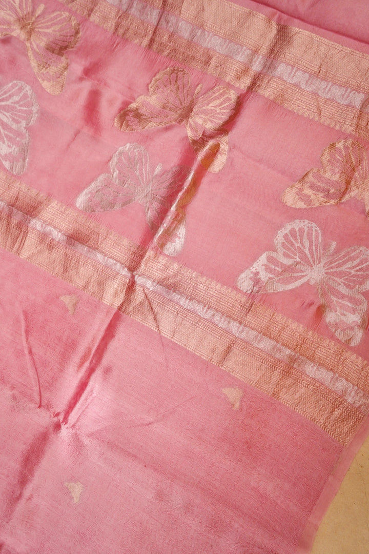 Blush Baby Pink Banarasi Handloom Pure Tanchoi Saree Open View