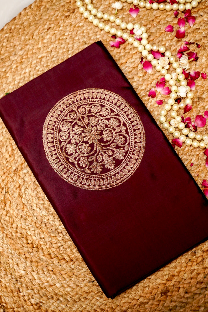 Pure Katan Silk Co-Ord Set Fabric – Royal Floral Medallion Buta | Handwoven Gold Zari Weave