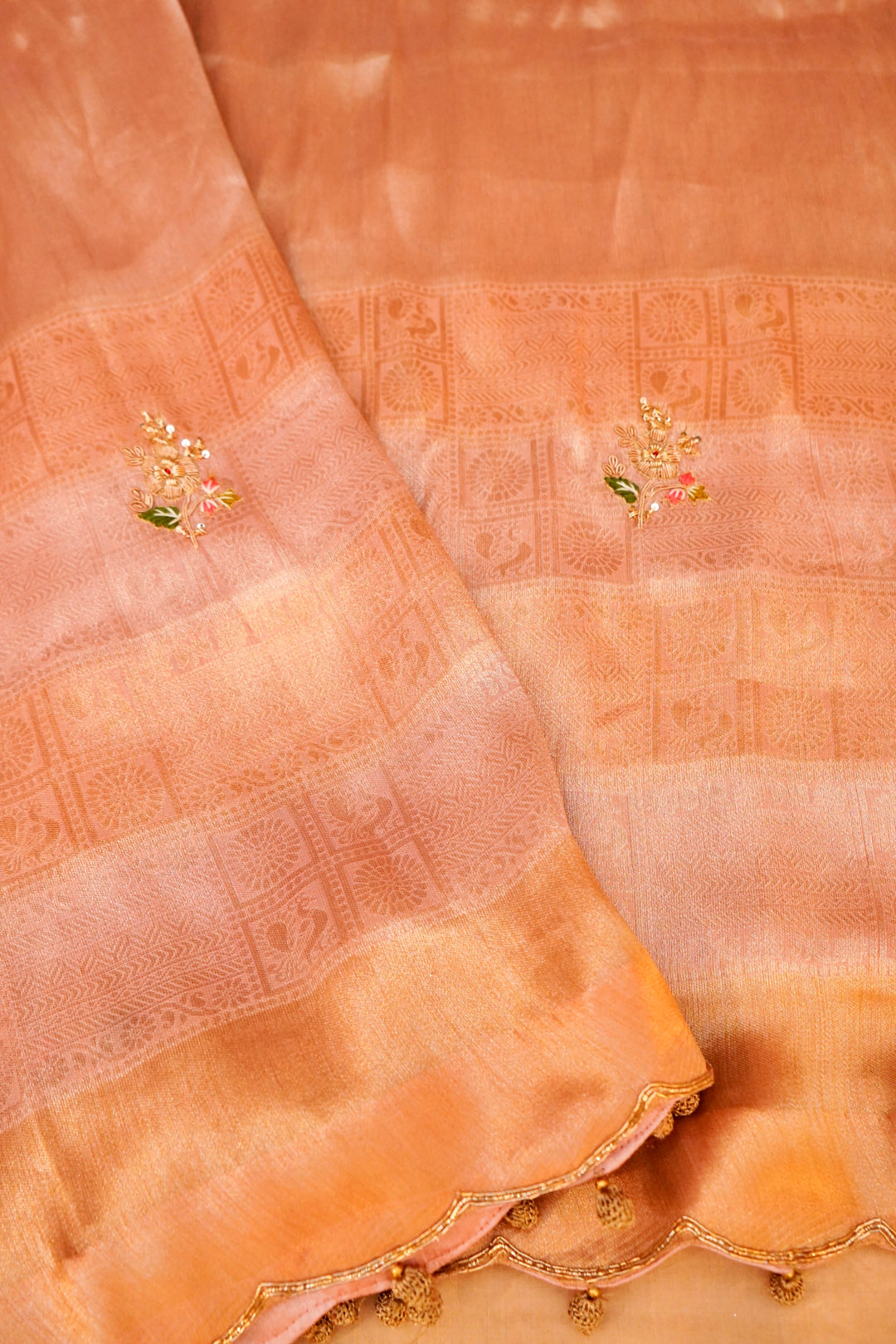 Banarasi Brocade Silk Saree with Zardozi Meenakari Hand Embroidery & Scallop Border