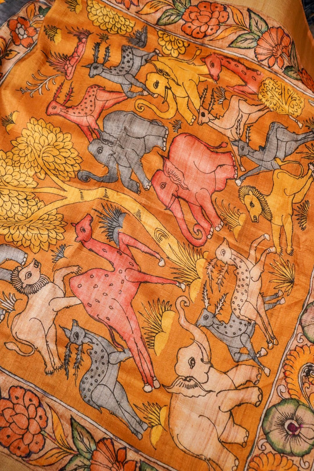 Grey Tussar Silk Saree with Kalamkari Floral Print Body &amp; Animal Motif Pallu