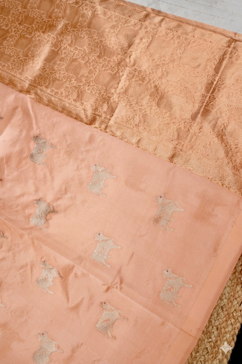 Peach Handwoven Banarasi Pure Puna Silk Saree with Zari Nandi Motif
