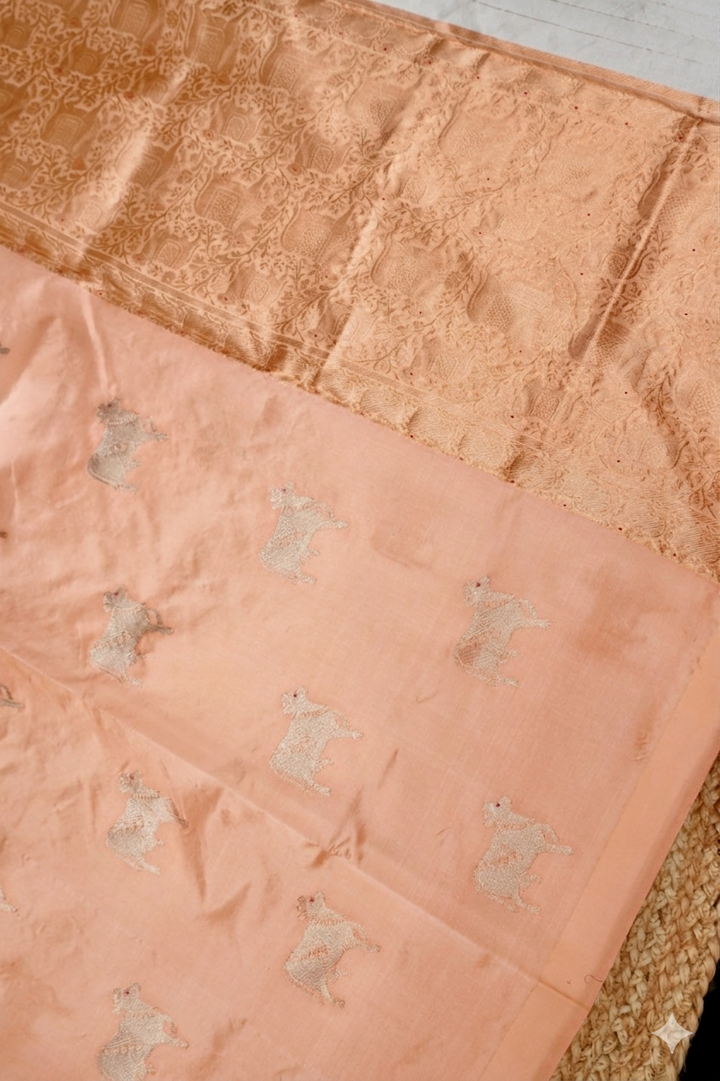 Peach Handwoven Banarasi Pure Puna Silk Saree with Zari Nandi Motif