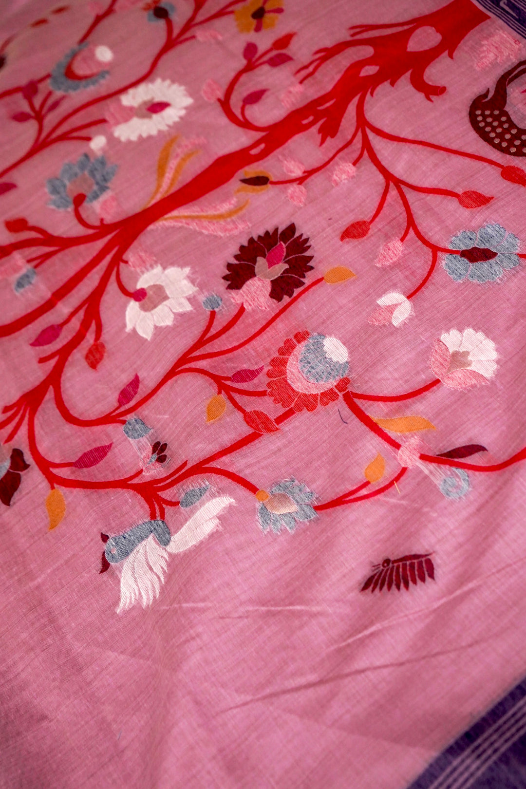 Charming Pink Cotton Silk Saree with Zari Bootidar Weave Jamdani Inspired Pallu View 6