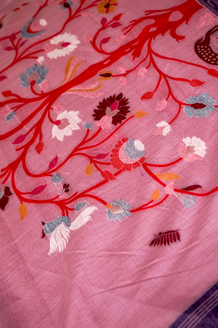 Charming Pink Cotton Silk Saree with Zari Bootidar Weave Jamdani Inspired Pallu View 6