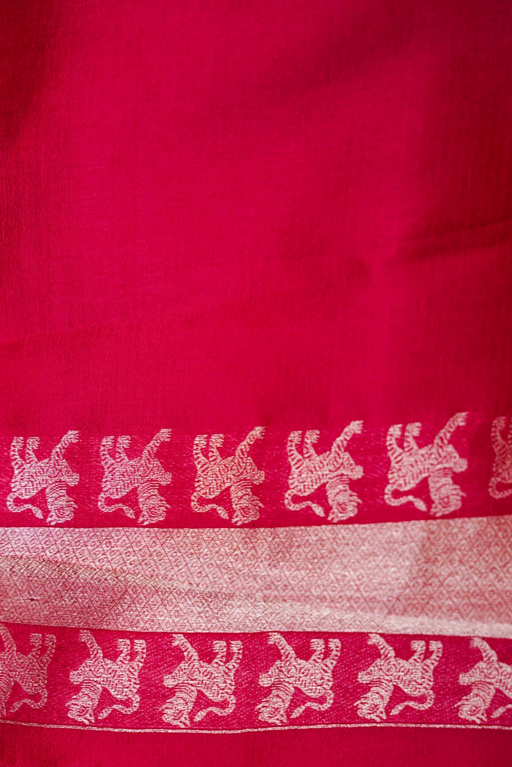 Elegant Pink Pure Katan Silk Saree with Tiger Motifs and Striped Weave Design
