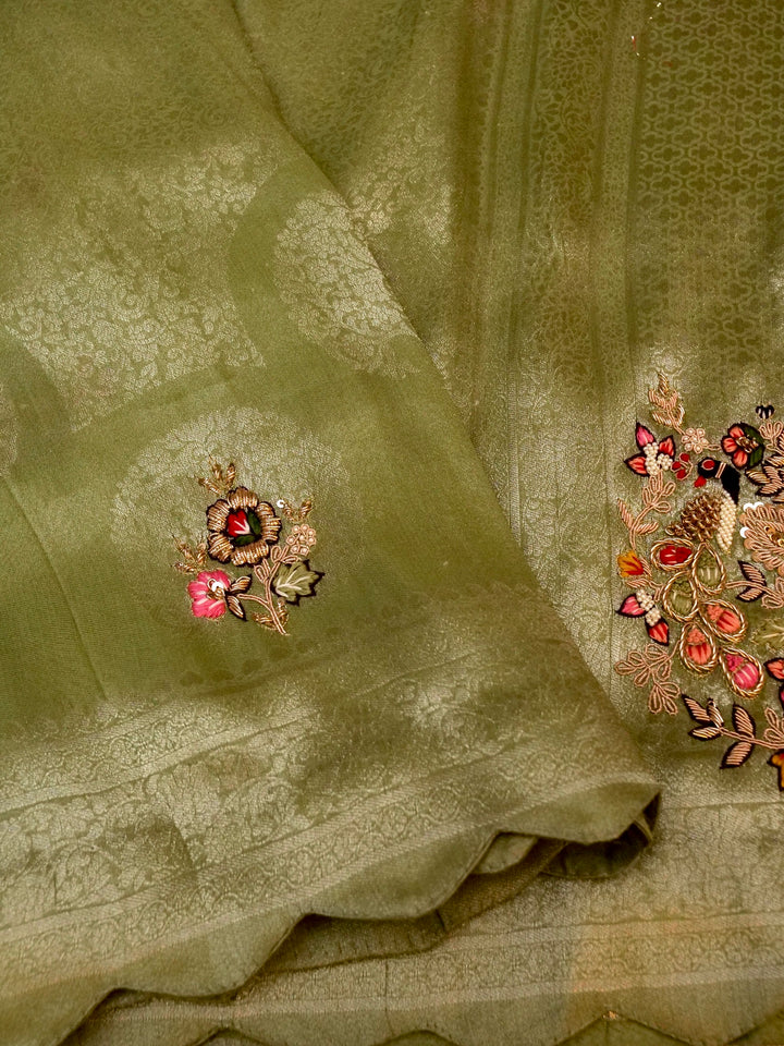 Elegant Light Green Banarasi Brocade Silk Saree with Zardozi & Resham Work