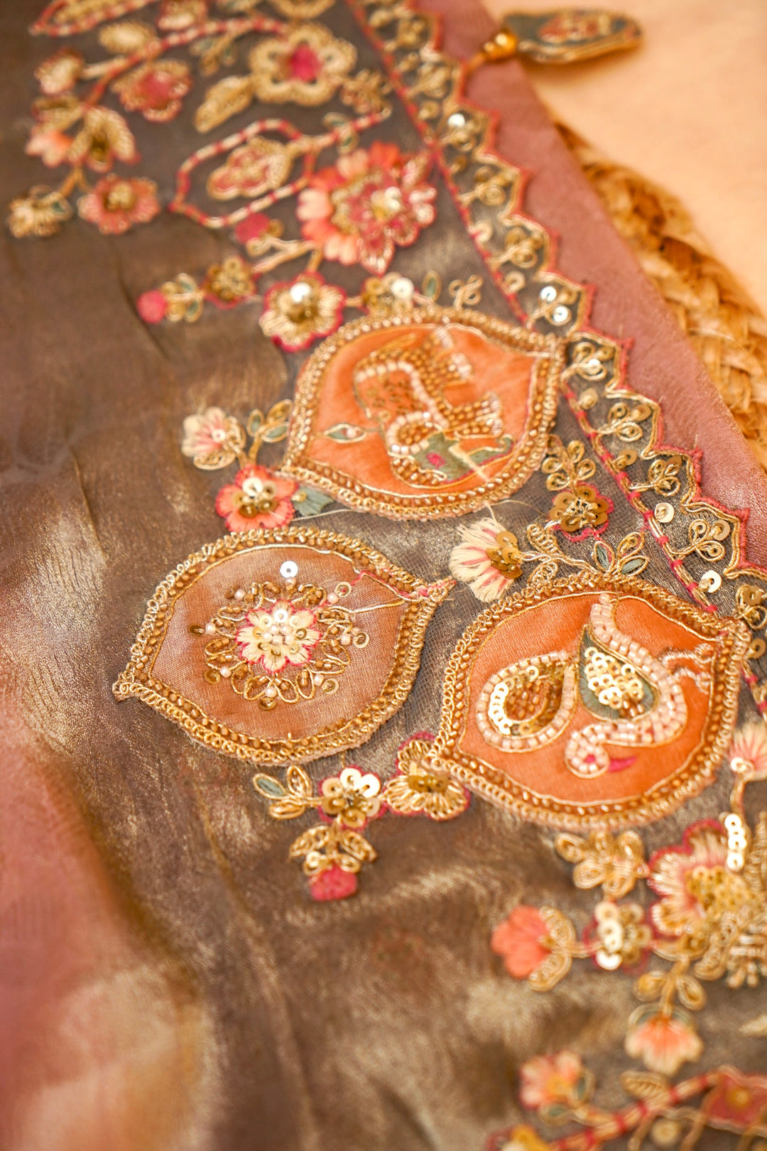 Designer Powder Pink Tissue Silk Multicolour Meenakari Embroidery Saree View 5