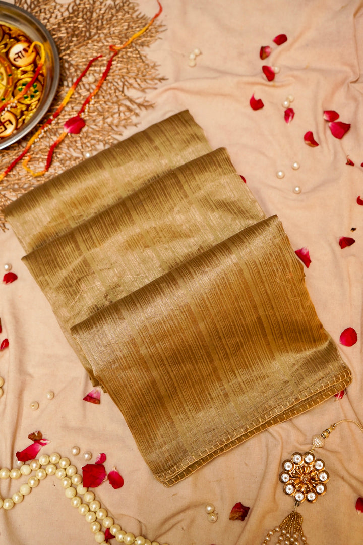 Tan Beige Stripe Elegance Pure Banarasi Tissue Silk Saree View 2