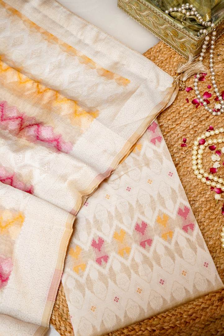 Off White Ikat Woven Unstitched Suit Set with Designer Dupatta