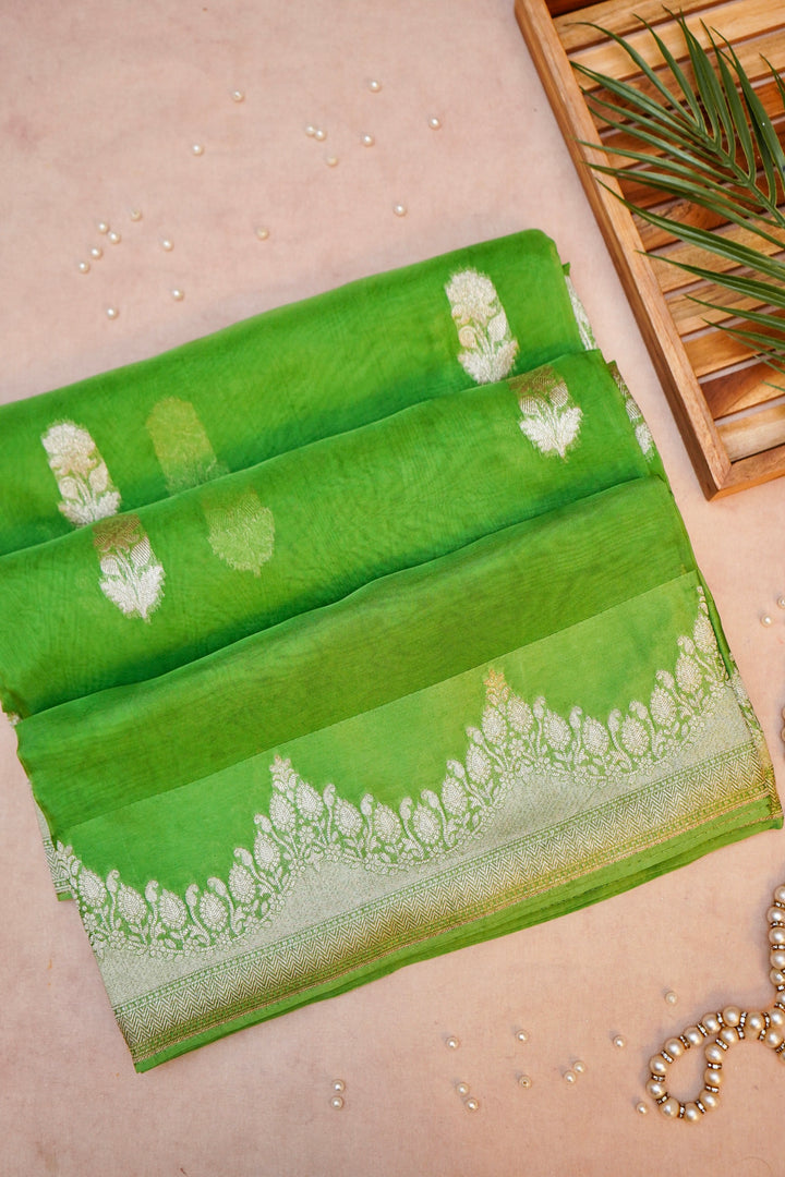 Light Green Banarasi Kora Silk Saree with Zari Woven Laheriya Border