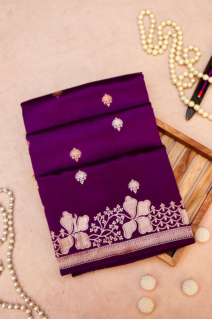 Royal Plum Grandeur – Handwoven Banarasi Pure Katan Silk Saree with Designer Zari Border