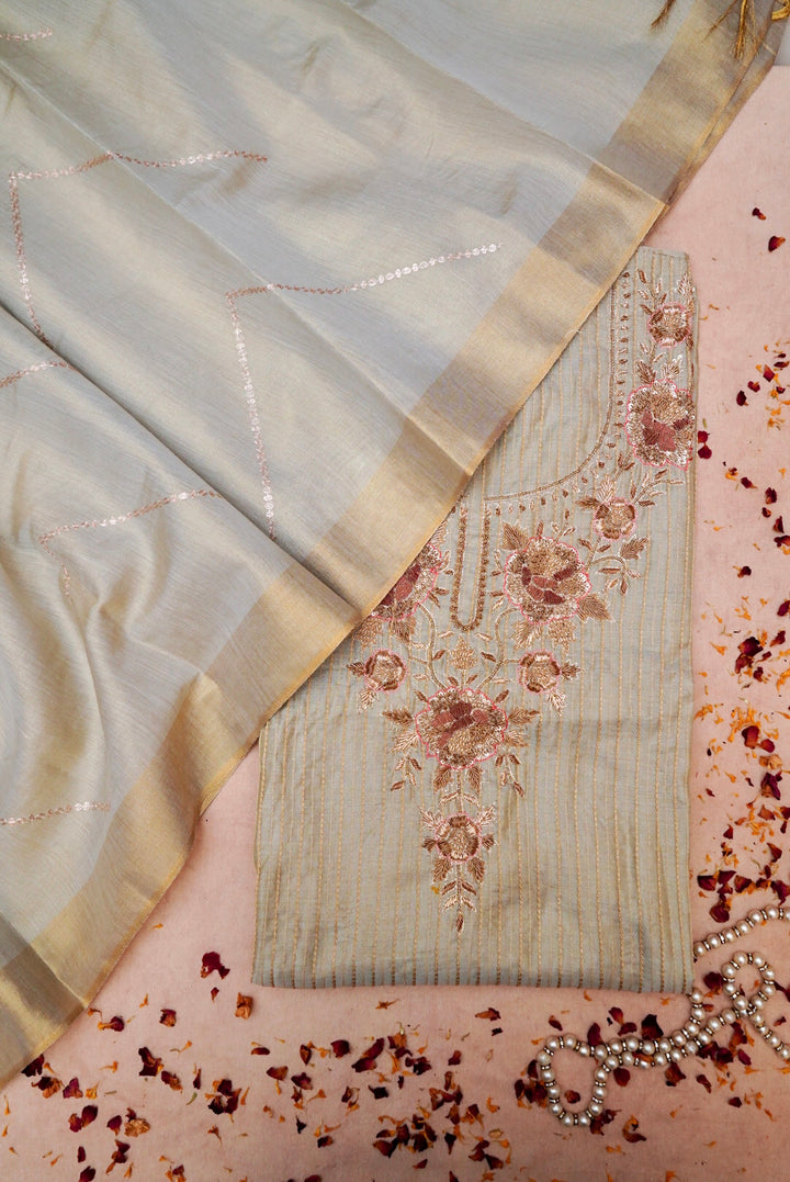 Powder Blue Pure Chanderi Tissue Silk Suit with Zardozi Hand Embroidery and Pitta Zari Dupatta