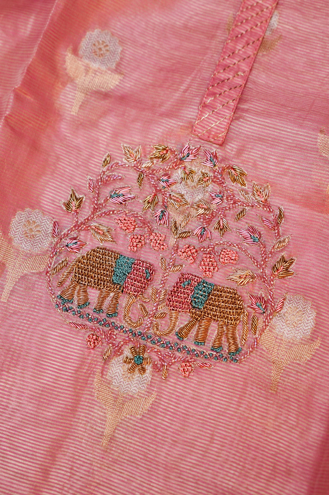 Unstitched Pink Pure Chanderi Tissue Suit Set with Zardozi work