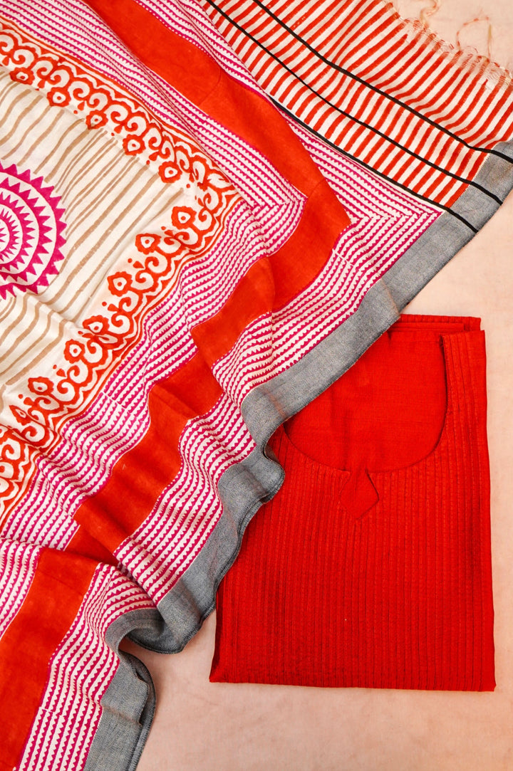 Red Dupion Silk Suit Set with White Block Print Dupatta