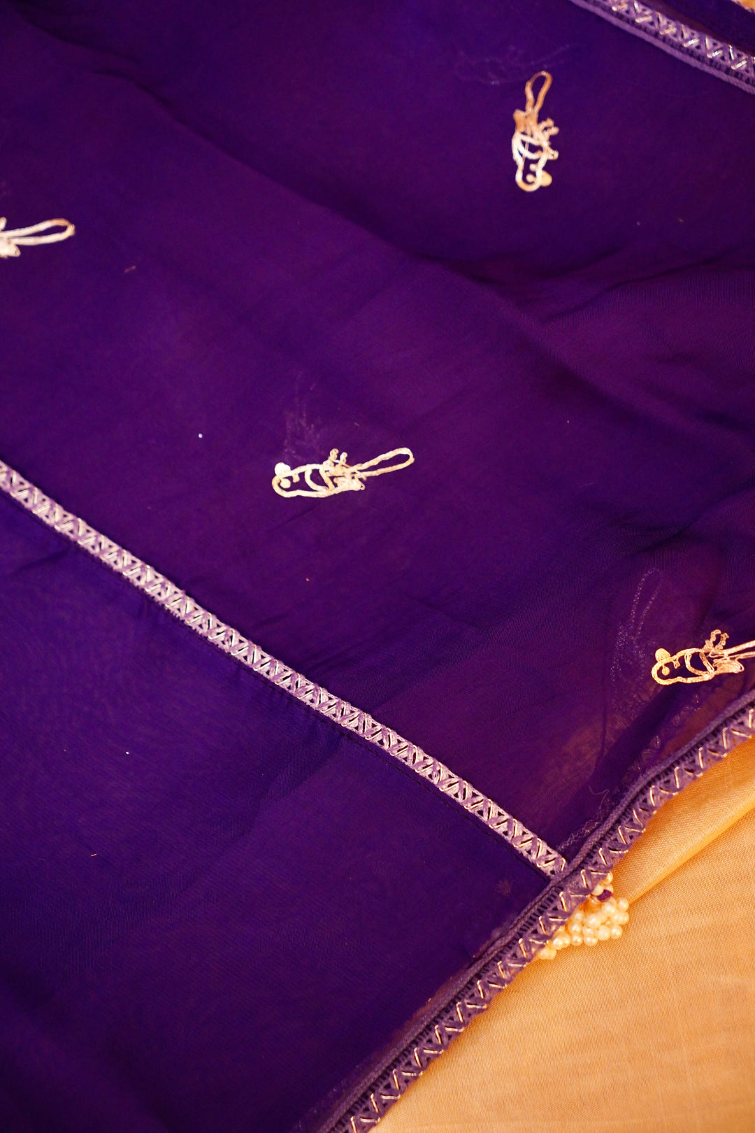 Purple Pure Chanderi Silk Suit Set with Pearl Work Birds Motif