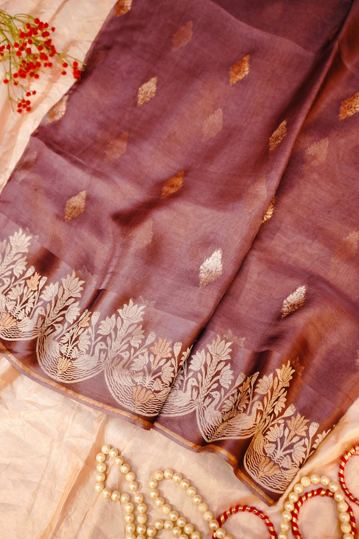 Graceful Dusty Rose Sonaroopa Muslin Organza Festive Saree