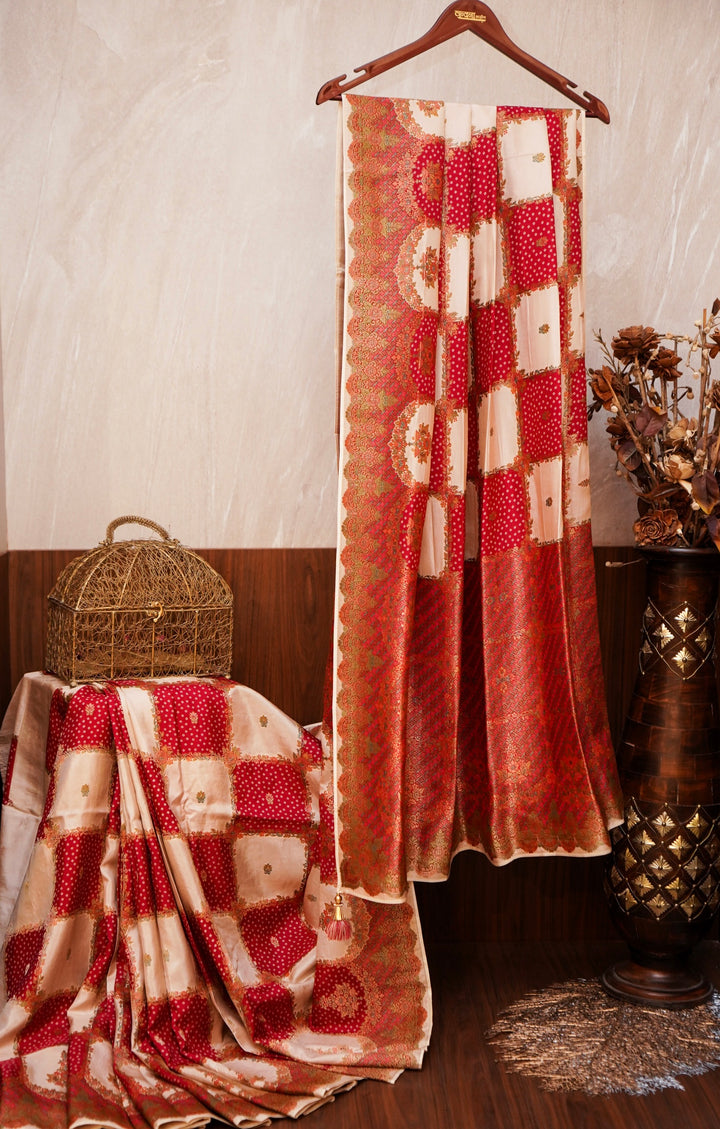 Pink &amp; White Checked Crepe Silk Saree with Bandhani Meenakari Contrast Border