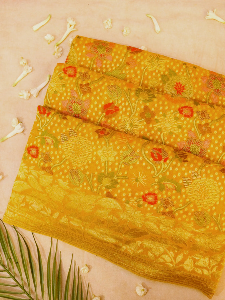 Mustard Yellow Khaddi Georgette Saree with Resham Weave Meenakari Jaal and Bandhani Booti
