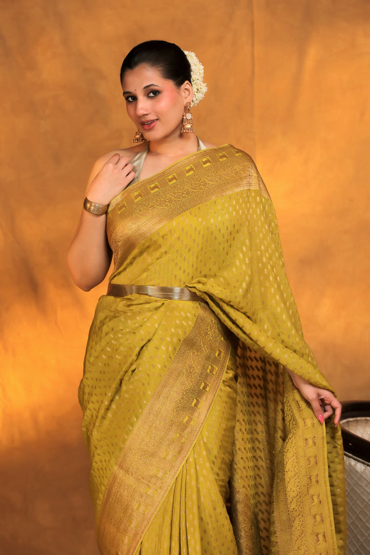 lemonyellow pure crepe chinon georgette saree with shikargah border closeup view 3