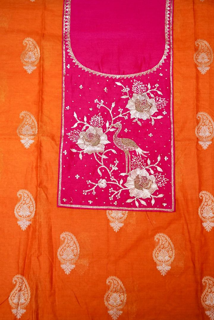 Orange Pure Mul Silk Suit with pitta zari hand embroidery Work