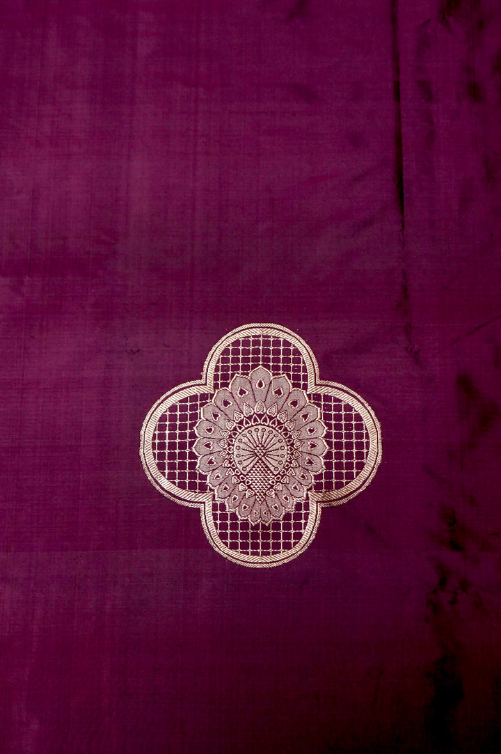 Dark Purple Pure Katan Silk Co-Ord Set with Gold Zari Floral Motif