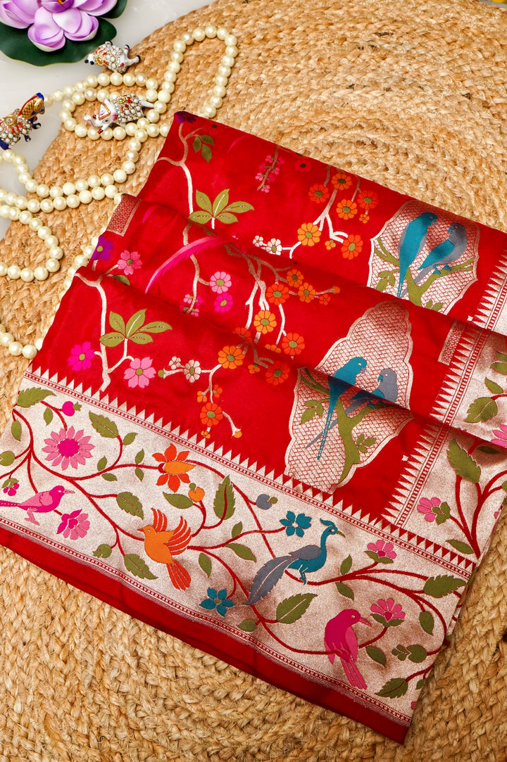Red Pure Banarasi Handloom Katan Silk Kimkhwab Meenakari Birds Motif Saree