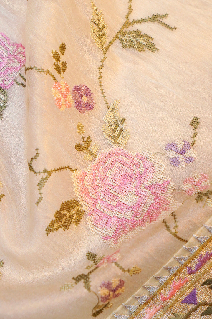 Beige Banarasi Crush Tissue Silk Suit Set with Embroidery Work