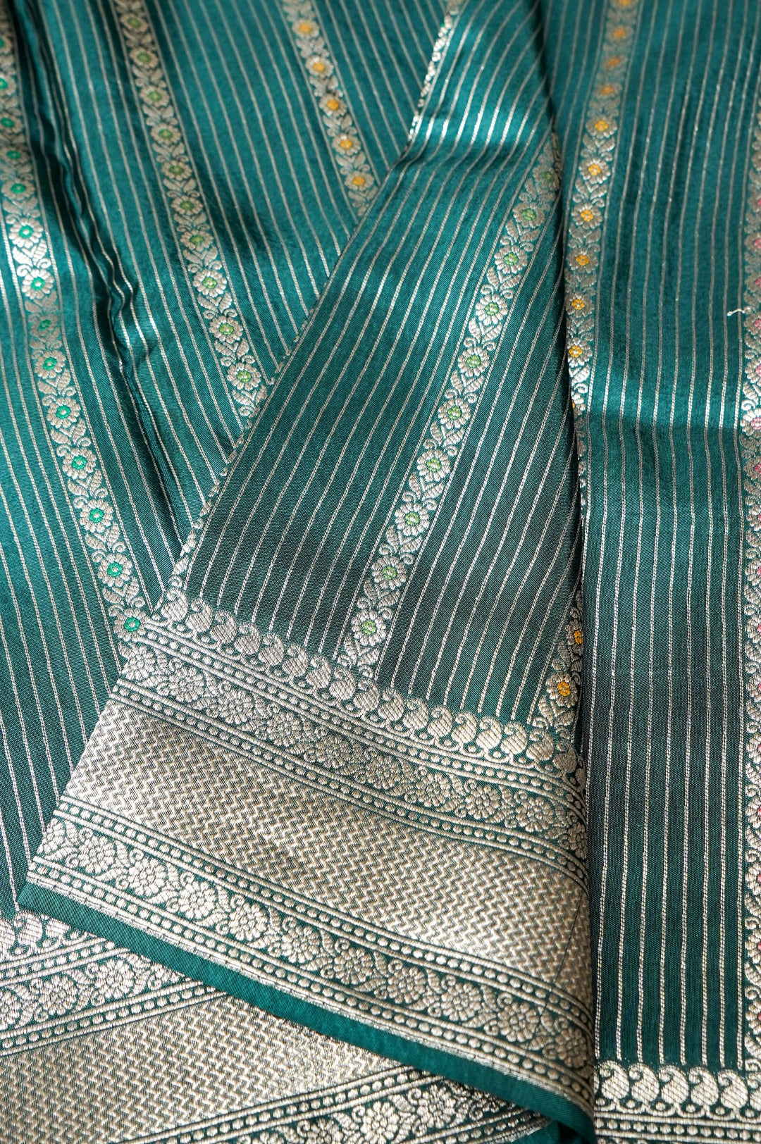 Sage Green Banarasi Soft Silk Saree with Meenakari Stripes