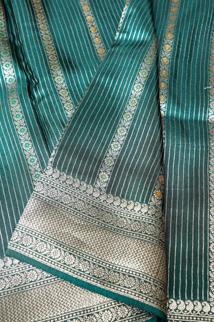 Sage Green Banarasi Soft Silk Saree with Meenakari Stripes