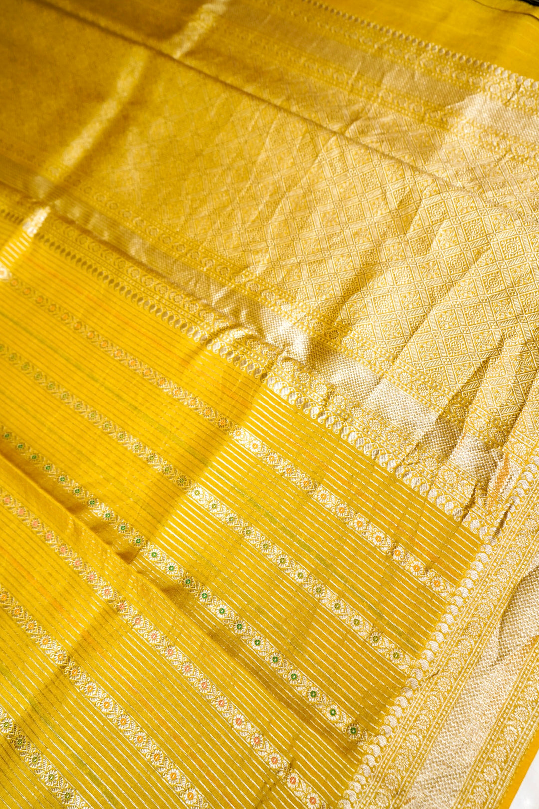 Yellow Banarasi Soft Silk Meenakari Stripes Saree